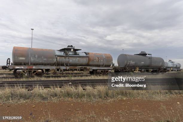 Tanker wagons idled in the rail yard at the Transnet SOC Ltd. Sentrarand depot, in the Benoni district of Gauteng, South Africa, on Friday, Nov. 17,...