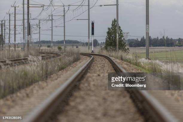 Red signal on the central corridor rail freight line, between Sentrarand depot and Pyramid South depot, in Gauteng, South Africa, on Friday, Nov. 17,...