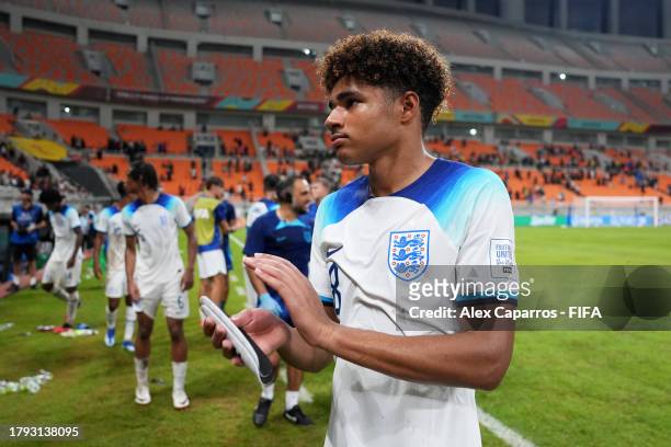Michael Golding of England applauds the fans after the team's victory during the FIFA U-17 World Cup Group C match between England and IR Iran at...