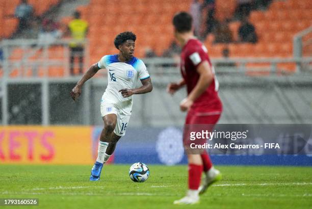 Myles Lewis-Skelly of England looks on during the FIFA U-17 World Cup Group C match between England and IR Iran at Jakarta International Stadium on...