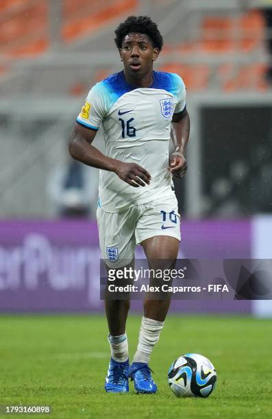 Myles Lewis-Skelly of England looks on during the FIFA U-17 World Cup Group C match between England and IR Iran at Jakarta International Stadium on...