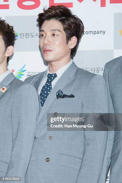 Shim Changmin of South Korean boy band 2AM attends the "2013 Incheon Korean Music Wave" Photocall at Incheon Munhak Stadium on September 1, 2013 in...