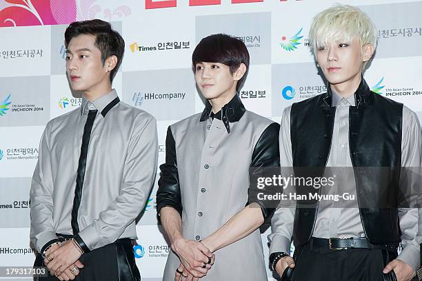 Yoon Du-Jun, Yang Yo-Seop and Jang Hyun-Seung of South Korean boy band Beast attend the "2013 Incheon Korean Music Wave" Photocall at Incheon Munhak...