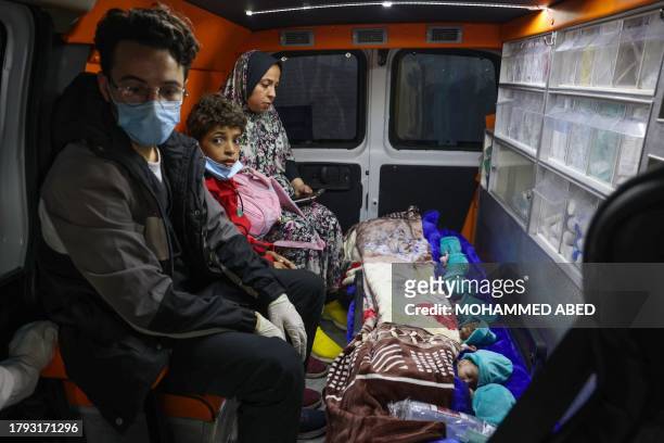 Palestinian premature babies, evacuated from Gaza City's Al Shifa hospital, are transported in a Palestinian Red Crescent ambulance through the Rafah...