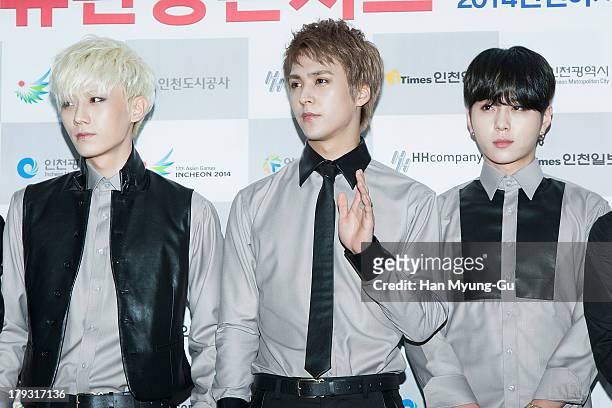 Jang Hyun-Seung, Son Dong-Woon and Yong Jun-Hyung of South Korean boy band Beast attend the "2013 Incheon Korean Music Wave" Photocall at Incheon...