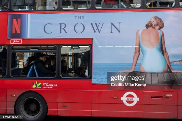 Bus advertising posters for the final series of Netflix television's The Crown on 13th November 2023 in London, United Kingdom. The Crown has proven...