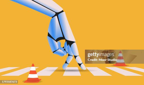 robotic hand on a crosswalk vector illustration - artificial intelligence ethics stock illustrations