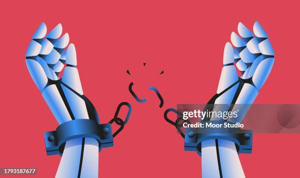 robot hands breaking handcuffs vector illustration - value chain stock illustrations