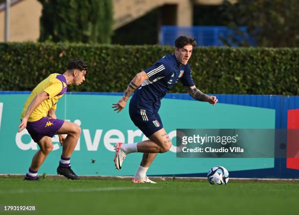 Nicolo Zaniolo of Italy in action during a Italy training session at Centro Tecnico Federale di Coverciano on November 14, 2023 in Florence, Italy.