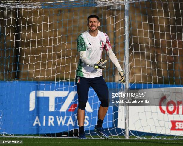 Guglielmo Vicario of Italy reacts during a Italy training session at Centro Tecnico Federale di Coverciano on November 14, 2023 in Florence, Italy.