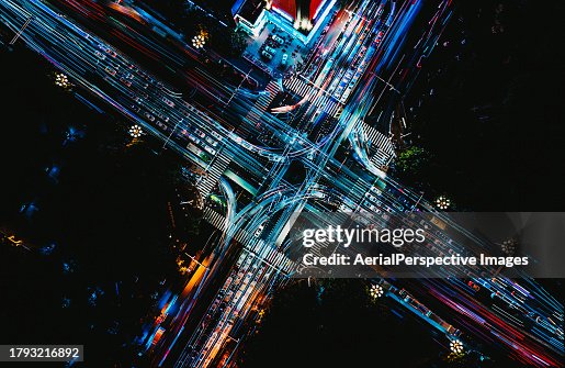 Drone View of City Street Crossing at Night Drone View of City Street Crossing at Night