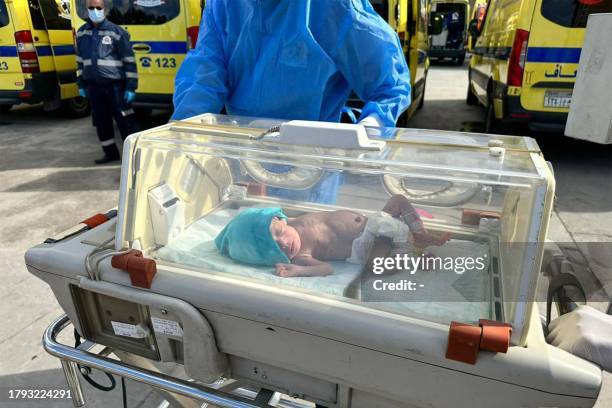 Egyptian medics wheel a premature Palestinian baby evacuated from Gaza to an ambulance on the Egyptian side of the Rafah border crossing with the...