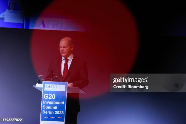Olaf Scholz, Germany's chancellor, at the Group of 20 investment summit in Berlin, Germany, on Monday, Nov. 20, 2023. Scholz pledged 4 billion for...