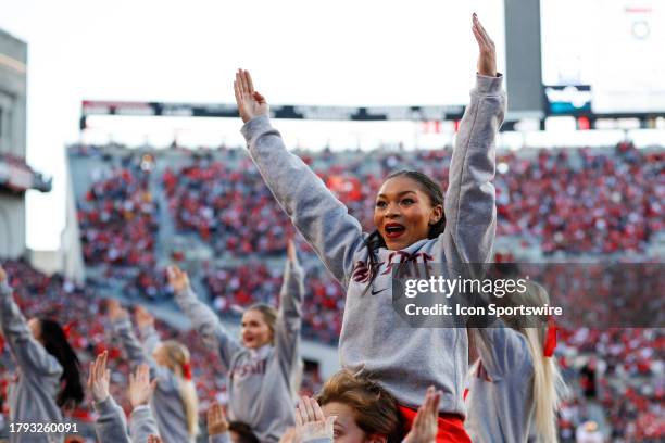 Ohio State Buckeyes cheerleaders perform during the game against the Minnesota Gophers and the Ohio State Buckeyes on November 18 at Ohio Stadium in...