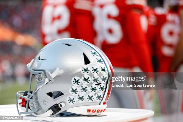 Ohio State Buckeyes helmet sits on the sideline during the game against the Minnesota Gophers and the Ohio State Buckeyes on November 18 at Ohio...