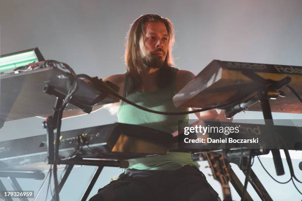 Janne "Burton" Puurtinen of HIM performs on stage during Rock Allegiance Tour 2013 at US Cellular Coliseum on August 29, 2013 in Bloomington,...