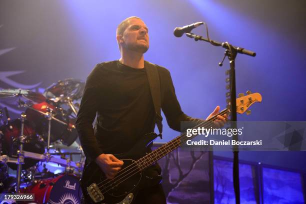 Anders Kjolholm of Volbeat performs on stage during Rock Allegiance Tour 2013 at US Cellular Coliseum on August 29, 2013 in Bloomington, Illinois.