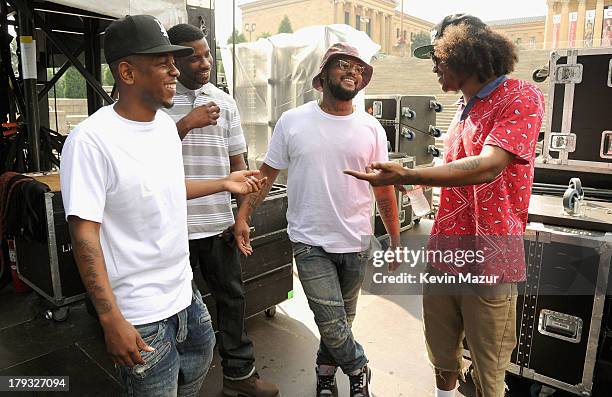 Kendrick Lamar, Jay Rock, Schoolboy Q and Ab-Soul backstage during the 2013 Budweiser Made In America Festival at Benjamin Franklin Parkway on...