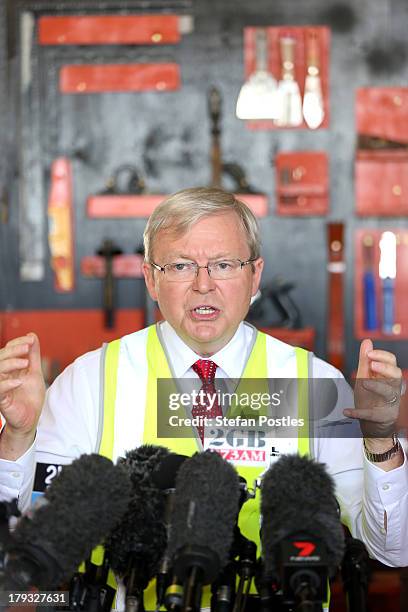 Australian Prime Minister, Kevin Rudd speaks to the media in a factory, on September 2, 2013 in Gladstone, Australia. According to the News Limited...