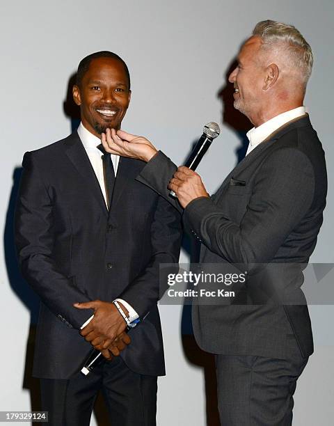 Jamie Foxx and Roland Emmerich attend the 'White House Down' Premiere at The 39th Deauville Film Festival at the CID on September 1, 2013 in...