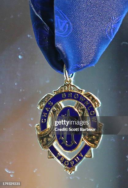 The Charles Brownlow Trophy, better known as the Brownlow Medal sits on display during the 2013 AFL Finals Series Launch at Club 23 on September 2,...