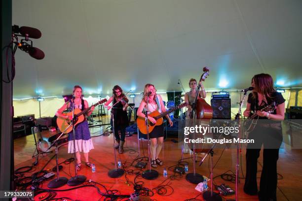 Courtney Hartman, Kim Ludiker, Celia Woodsmith, Shelby Means and Jenni Lyn Gardner of Della Mae perform during the 16th Annual Rhythm and Roots...