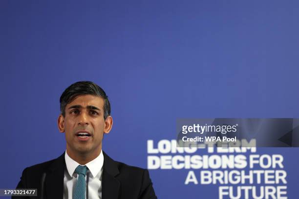 Britain's Prime Minister Rishi Sunak delivers a speech at a college in north London on November 20, 2023 in London, England.
