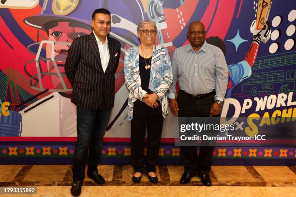 Virender Sehwag, Diana Edulji and Aravinda de Silva poses for a photo during the ICC Hall of Fame Celebration on November 14, 2023 in Mumbai, India.