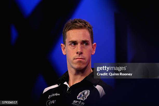 Nick Maxwell the captain of the Magpies speaks to the media during a Collingwood Magpies AFL Finals Series Launch Media Session at Fox Sports on...