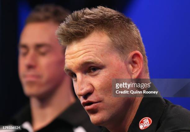 Nick Maxwell the captain of the Magpies and Nathan Buckley the coach of the Magpies speak to the media during a Collingwood Magpies AFL Finals Series...