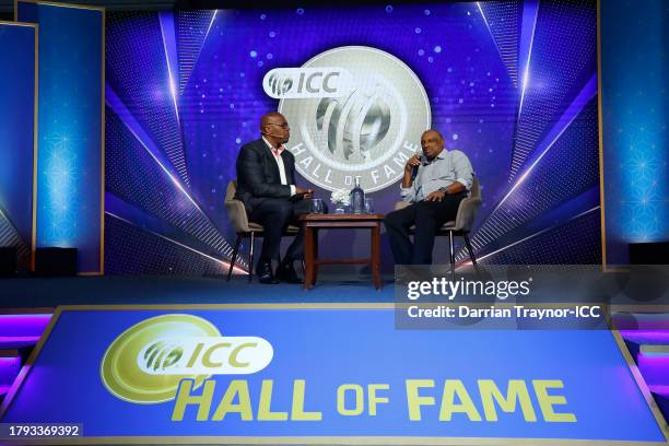Aravinda de Silva speaks during the ICC Hall of Fame Celebration on November 14, 2023 in Mumbai, India.