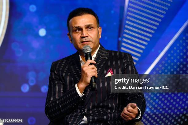 Virender Sehwag speaks during the ICC Hall of Fame Celebration on November 14, 2023 in Mumbai, India.