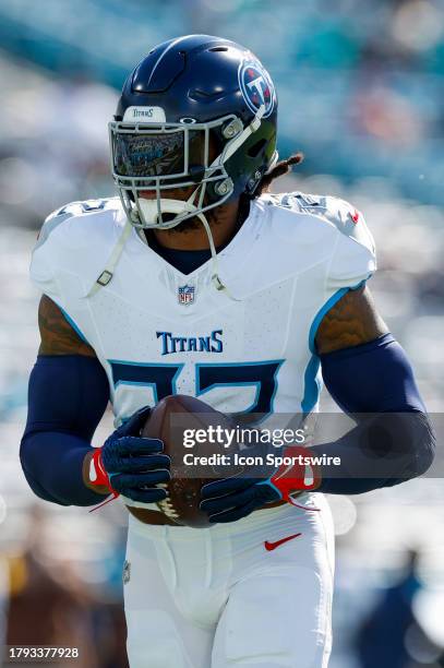 Tennessee Titans running back Derrick Henry before the game between the Jacksonville Jaguars and the Tennessee Titans on November 19, 2023 at...