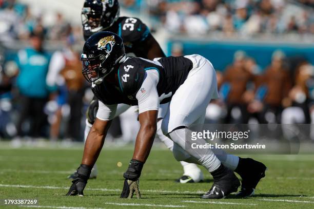 Jacksonville Jaguars linebacker Travon Walker lines up for a play during the game between the Jacksonville Jaguars and the Tennessee Titans on...