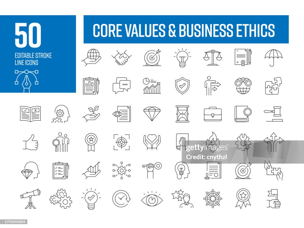 Core Values Line Icons. Editable Stroke Vector Icons Collection. Business Ethics, Morality, Trust, Honesty, Cooperation.