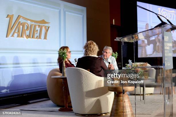 Claudia Eller, Editor-in-Chief, Variety, Denise Di Novi and Xavier Roy speak onstage for "The Making of The Veil" during Variety US "Filmmaking In...