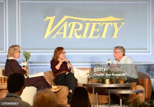 Claudia Eller, Editor-in-Chief, Variety, Denise Di Novi and Xavier Roy speak onstage for "The Making of The Veil" during Variety US "Filmmaking In...