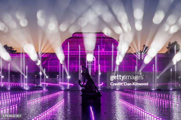 The Palm House is illuminated as Kew Gardens launch their festive 'Christmas at Kew' light trail on November 14, 2023 in London, England. Each year,...