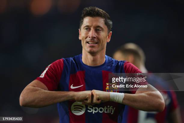 Robert Lewandowski of FC Barcelona celebrates after scoring the team's second goal during the LaLiga EA Sports match between FC Barcelona and...