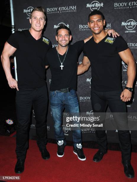 Kyle Efthemes, Jeff Timmons and Nate Estimada arrive at the Body English nightclub inside the Hard Rock Hotel & Casino on September 1, 2013 in Las...