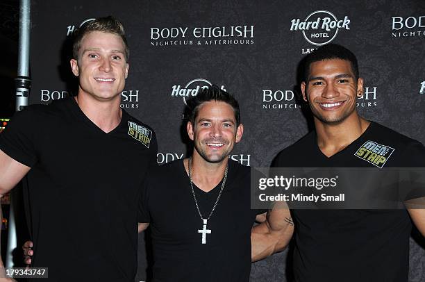 Kyle Efthemes, Jeff Timmons and Nate Estimada arrive at the Body English nightclub inside the Hard Rock Hotel & Casino on September 1, 2013 in Las...