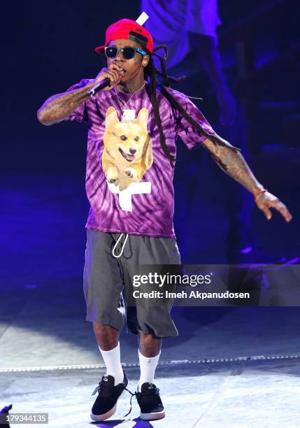 Rapper Lil Wayne performs during the 2013 America's Most Wanted Musical Festival at Verizon Wireless Amphitheatre on September 1, 2013 in Laguna...