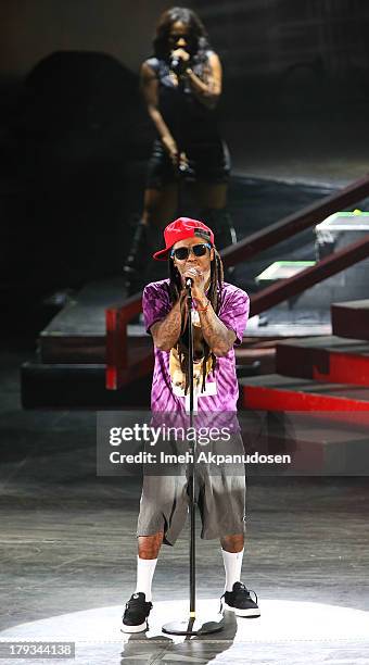 Rapper Lil Wayne performs during the 2013 America's Most Wanted Musical Festival at Verizon Wireless Amphitheatre on September 1, 2013 in Laguna...