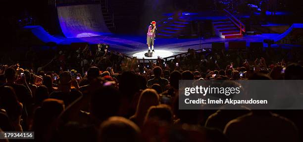 Rapper Lil Wayne performs during the 2013 America's Most Wanted Musical Festival at Verizon Wireless Amphitheatre on September 1, 2013 in Laguna...