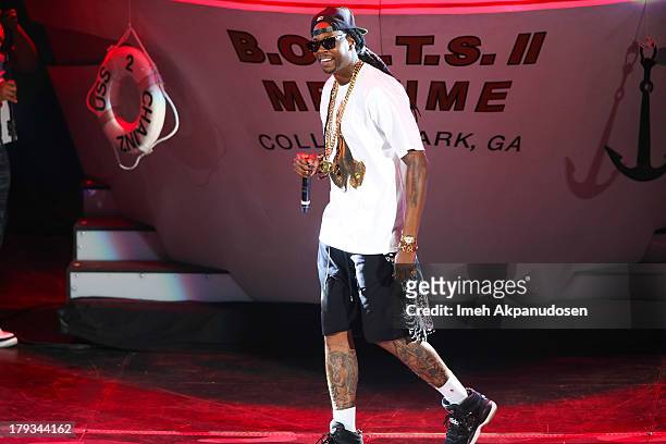 Rapper 2 Chainz performs during the 2013 America's Most Wanted Musical Festival at Verizon Wireless Amphitheatre on September 1, 2013 in Laguna...