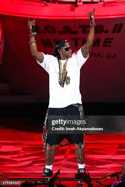 Rapper 2 Chainz performs during the 2013 America's Most Wanted Musical Festival at Verizon Wireless Amphitheatre on September 1, 2013 in Laguna...