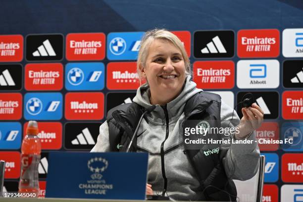 Emma Hayes, Manager of Chelsea speaks to media during a Press Conference ahead of the UEFA Women's Champions League Group D Match between Real Madrid...