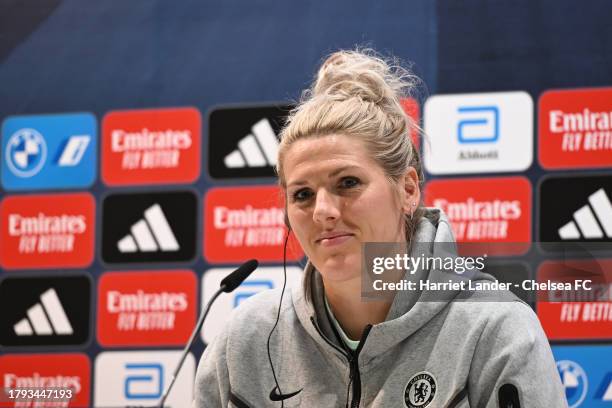 Millie Bright of Chelsea speaks to media during a Press Conference ahead of the UEFA Women's Champions League Group D Match between Real Madrid and...