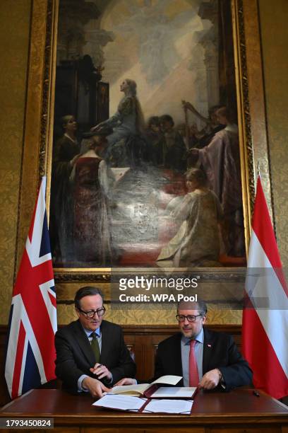 British Foreign Minister David Cameron meets with the Austrian Foreign Minister, Alexander Schallenberg on November 20, 2023 in London, England.