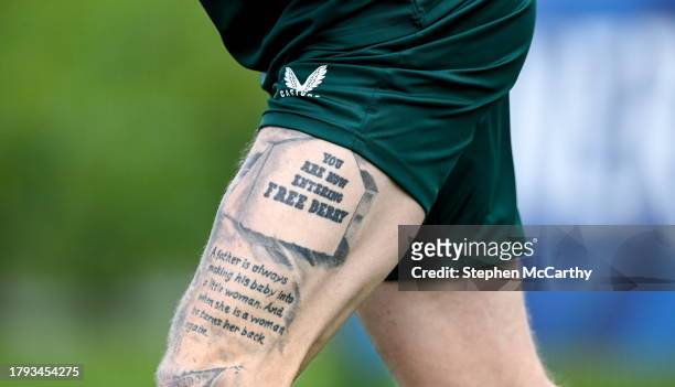Dublin , Ireland - 20 November 2023; A detailed view of the Free Derry Corner tattoo on the leg of James McClean during a Republic of Ireland...